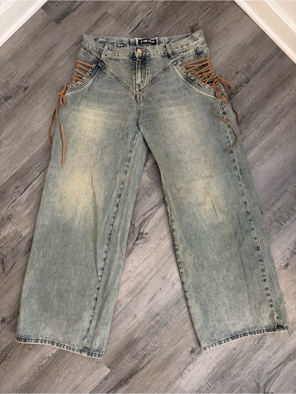 The Kript Regan Wide Leg Denim Washed Jeans with Tan Suede Lace Up Sides